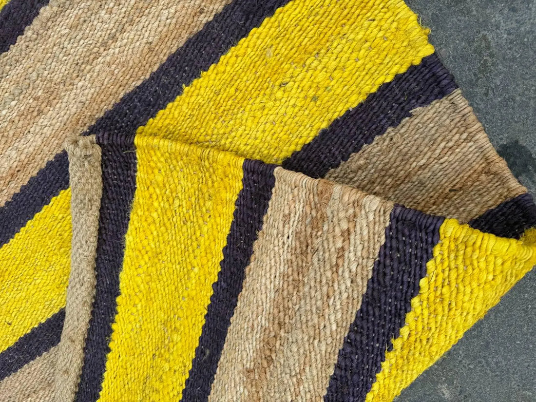 Natural Yellow Black Stripe Jute Hemp Runner Rug