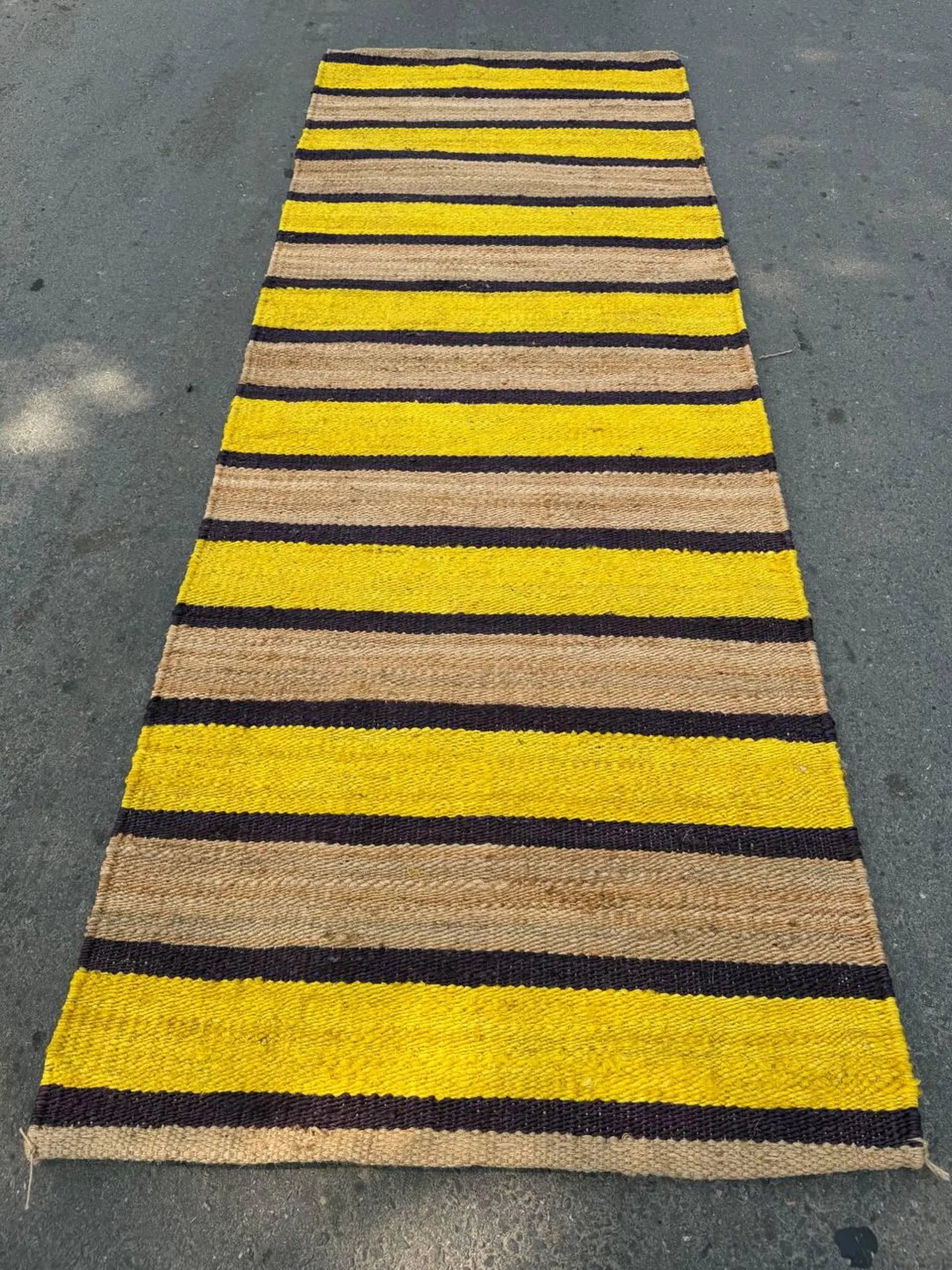 Natural Yellow Black Stripe Jute Hemp Runner Rug