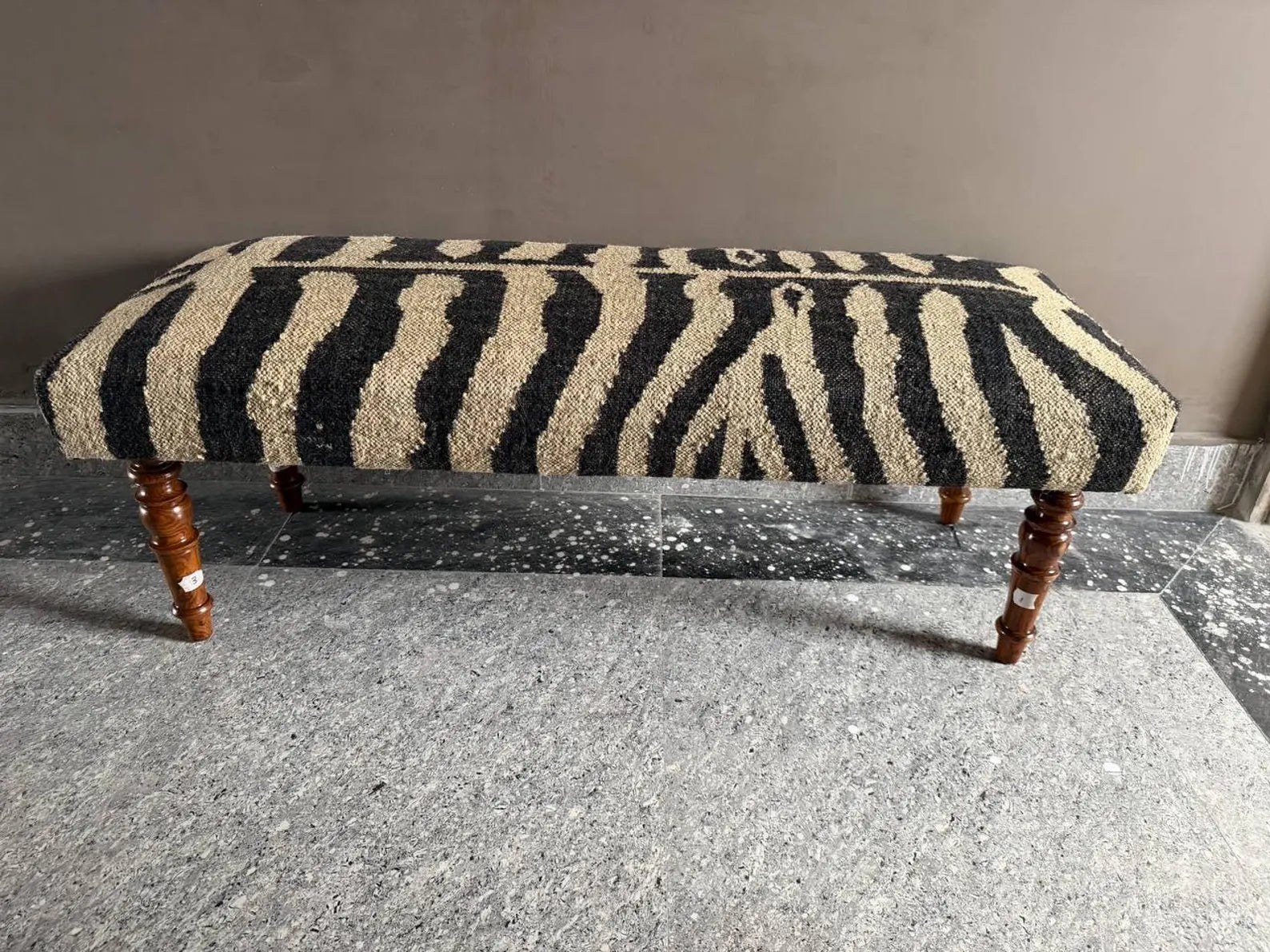 Zebra Pattern Kilim Bench – Handmade Teak Wood Wool Jute Ottoman