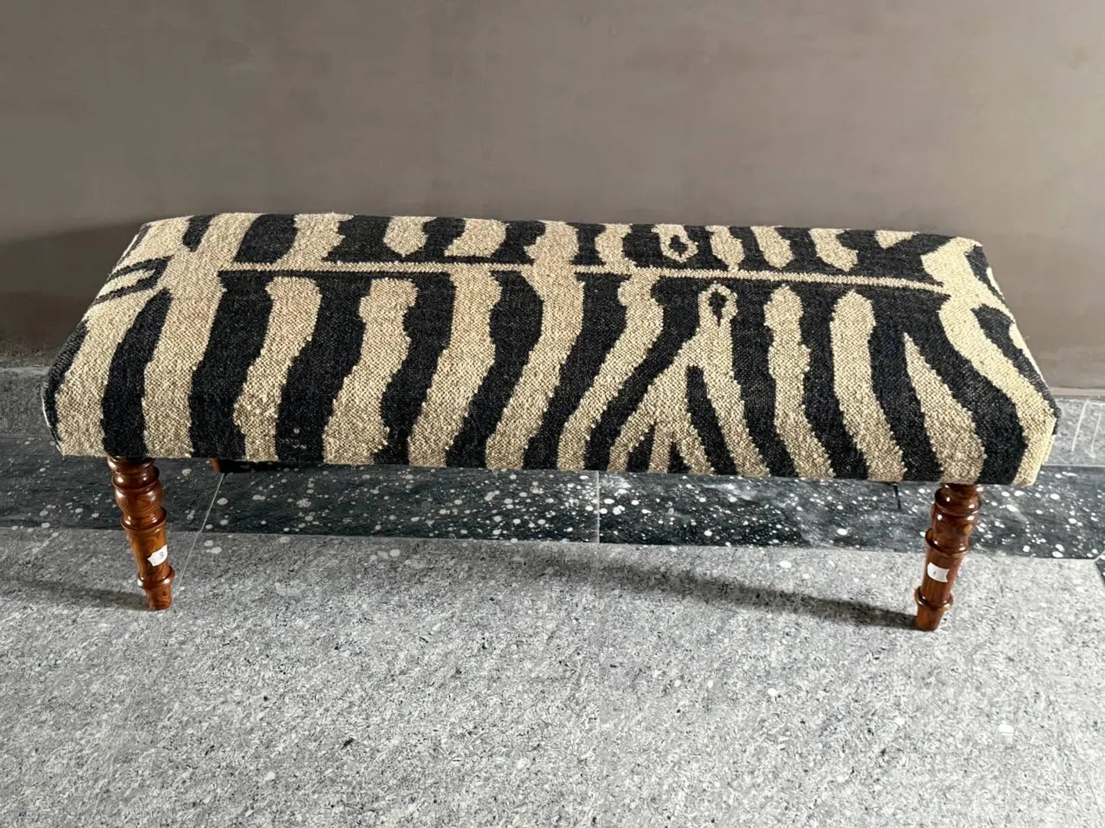 Zebra Pattern Kilim Bench – Handmade Teak Wood Wool Jute Ottoman