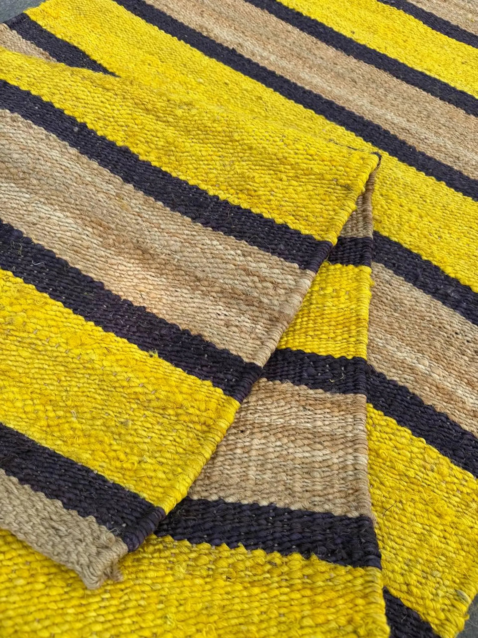 Natural Yellow Black Stripe Jute Hemp Runner Rug