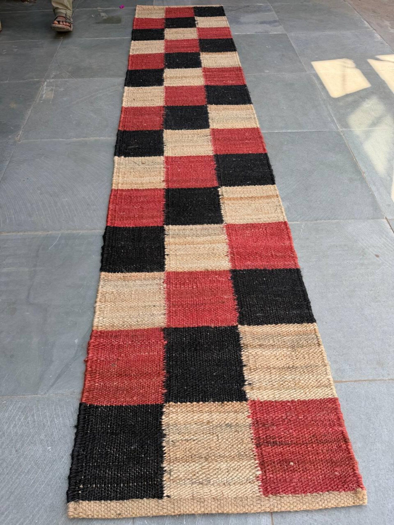 Handwoven Checkered Jute Runner Rug – Rustic Farmhouse Hallway Runner
