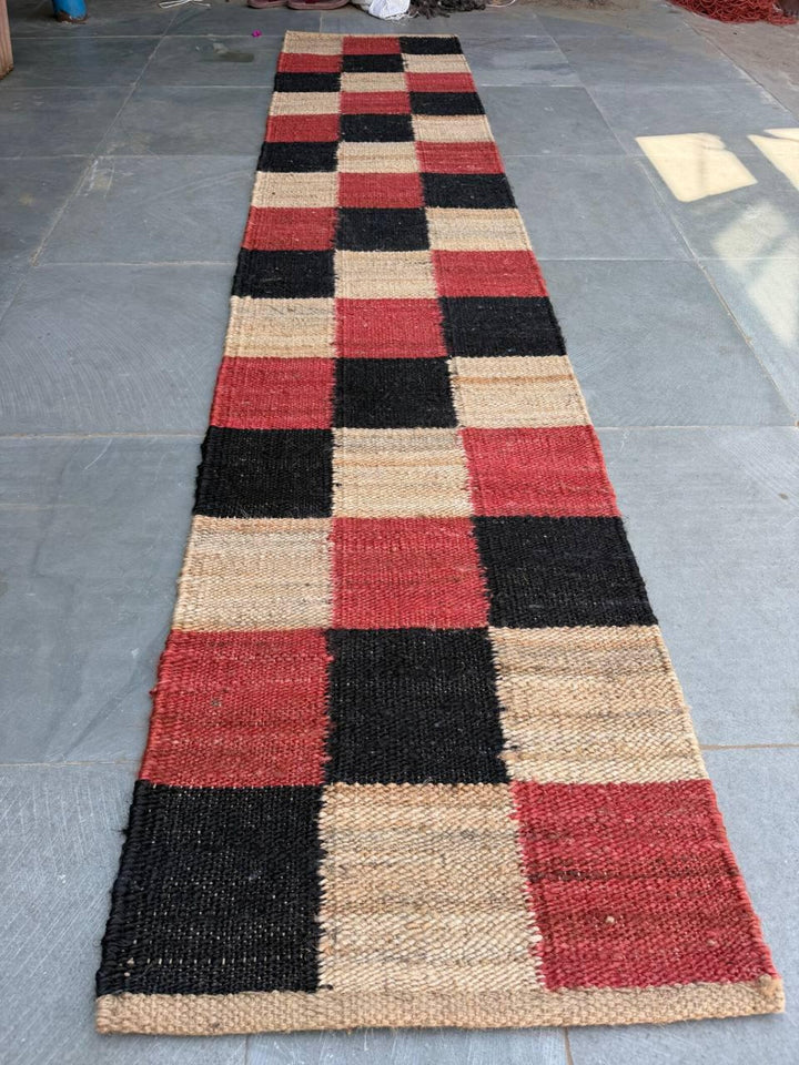 Handwoven Checkered Jute Runner Rug – Rustic Farmhouse Hallway Runner