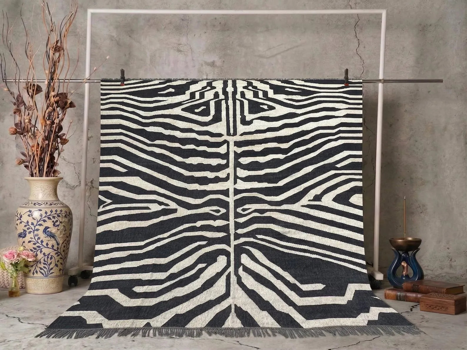 Handmade Zebra Print Wool Kilim Rug, Black and White Flatweave Area Rug, Modern Animal Print Carpet, Tribal Boho Rug, Custom Size Wool Rug