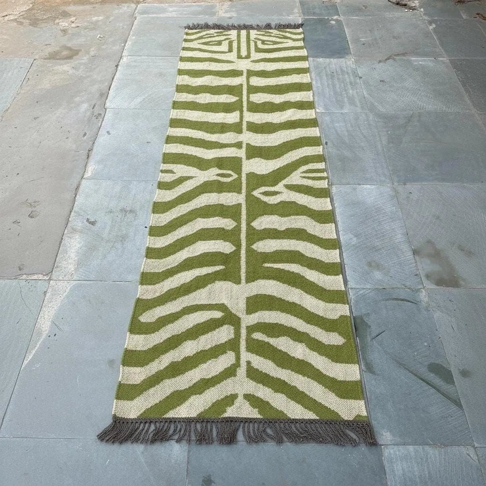 Handwoven Zebra Wool Jute Runner Rug, Organic Stripe Kilim Rug, Boho Hallway Rug, Custom Size Area Rug