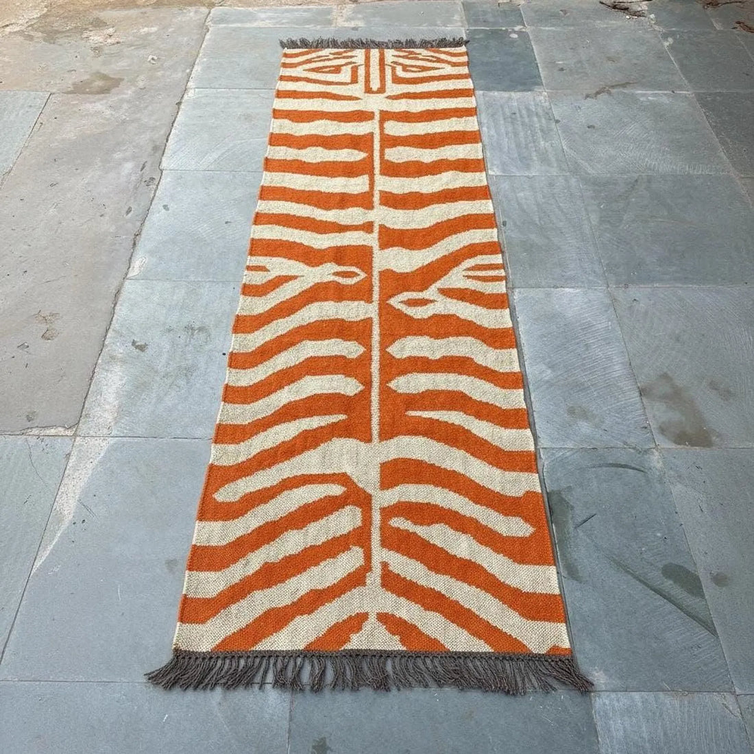Handwoven Zebra Wool Jute Runner Rug, Organic Stripe Kilim Rug, Boho Hallway Rug, Custom Size Area Rug