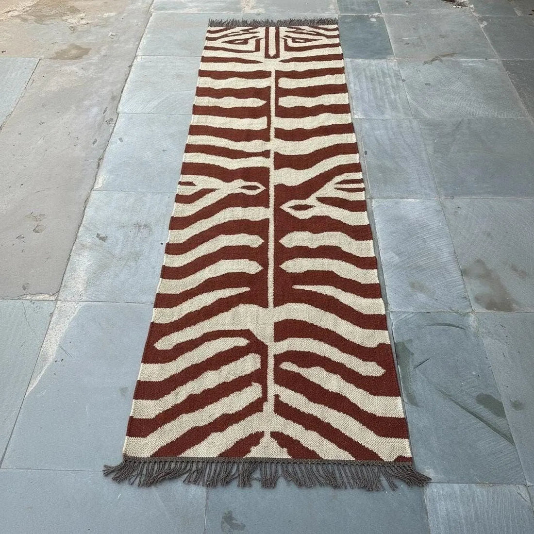 Handwoven Zebra Wool Jute Runner Rug, Organic Stripe Kilim Rug, Boho Hallway Rug, Custom Size Area Rug