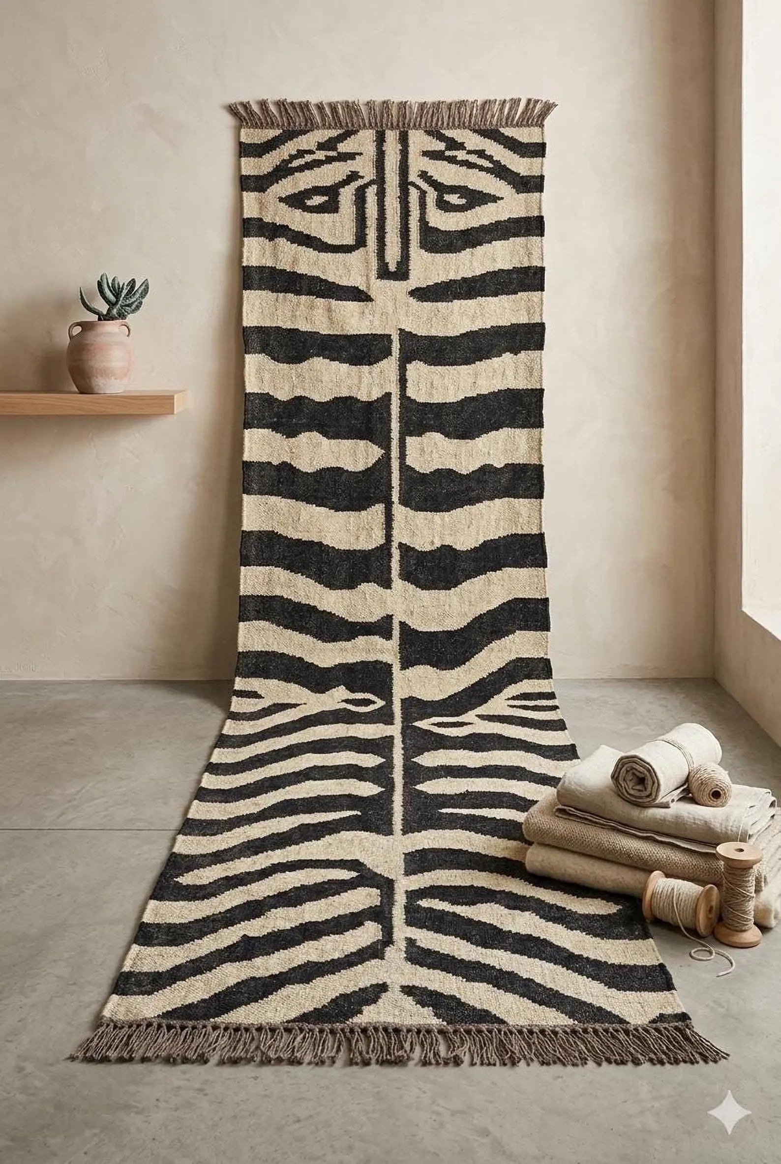 Handwoven Zebra Wool Jute Runner Rug, Organic Stripe Kilim Rug, Boho Hallway Rug, Custom Size Area Rug
