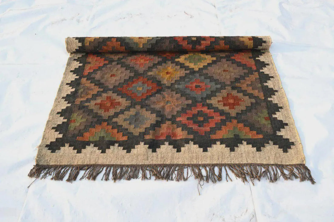Handwoven Wool Jute Kilim Rug, Rustic Geometric Area Rug, Handmade Boho Flatweave Carpet, Southwestern Dhurrie Rug, Custom Size Farmhouse Rug