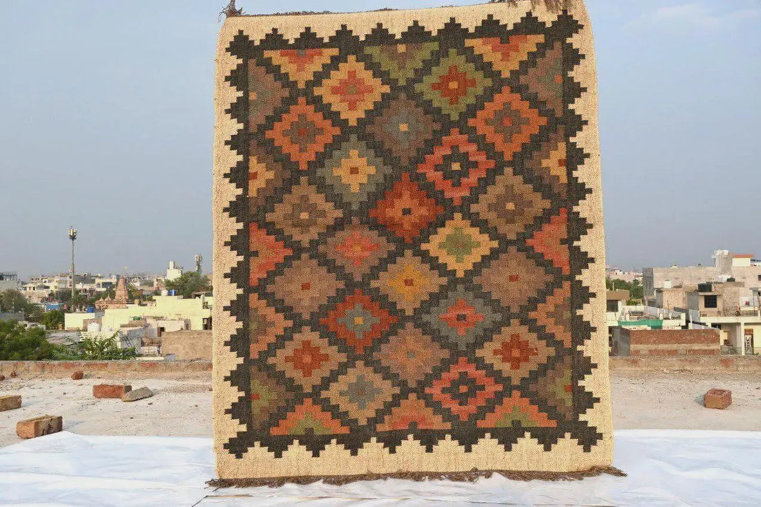 Handwoven Wool Jute Kilim Rug, Rustic Geometric Area Rug, Handmade Boho Flatweave Carpet, Southwestern Dhurrie Rug, Custom Size Farmhouse Rug