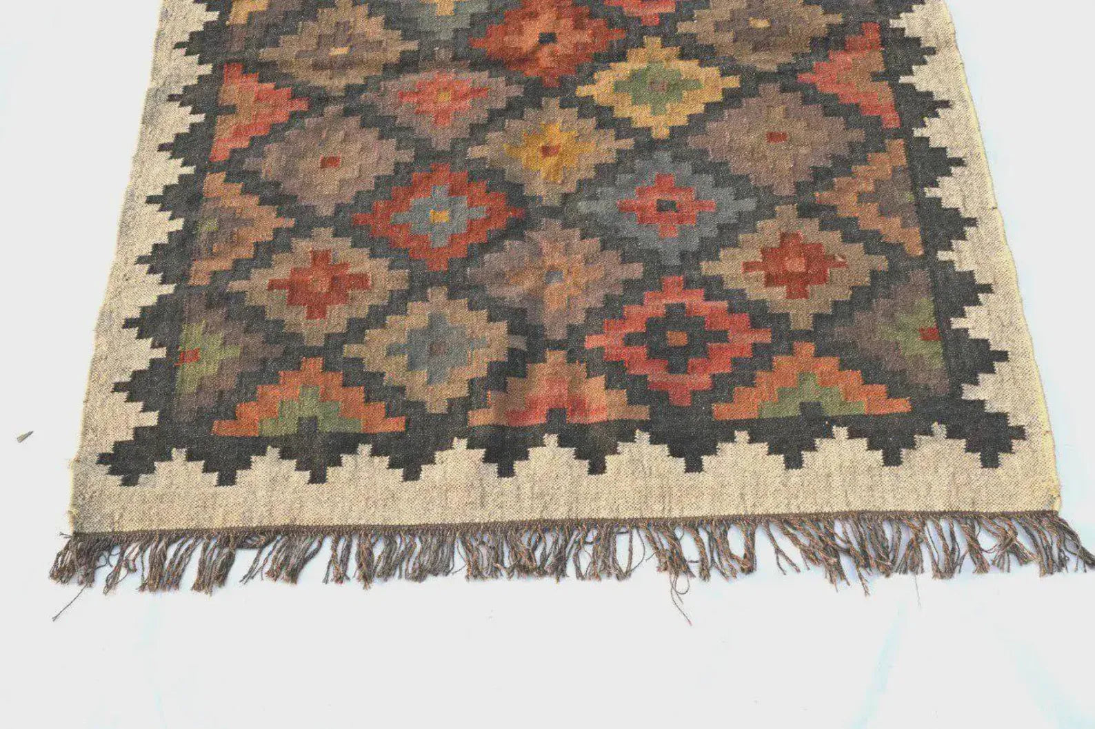 Handwoven Wool Jute Kilim Rug, Rustic Geometric Area Rug, Handmade Boho Flatweave Carpet, Southwestern Dhurrie Rug, Custom Size Farmhouse Rug