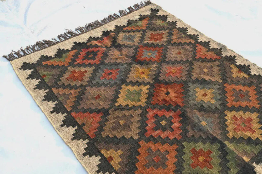 Handwoven Wool Jute Kilim Rug, Rustic Geometric Area Rug, Handmade Boho Flatweave Carpet, Southwestern Dhurrie Rug, Custom Size Farmhouse Rug