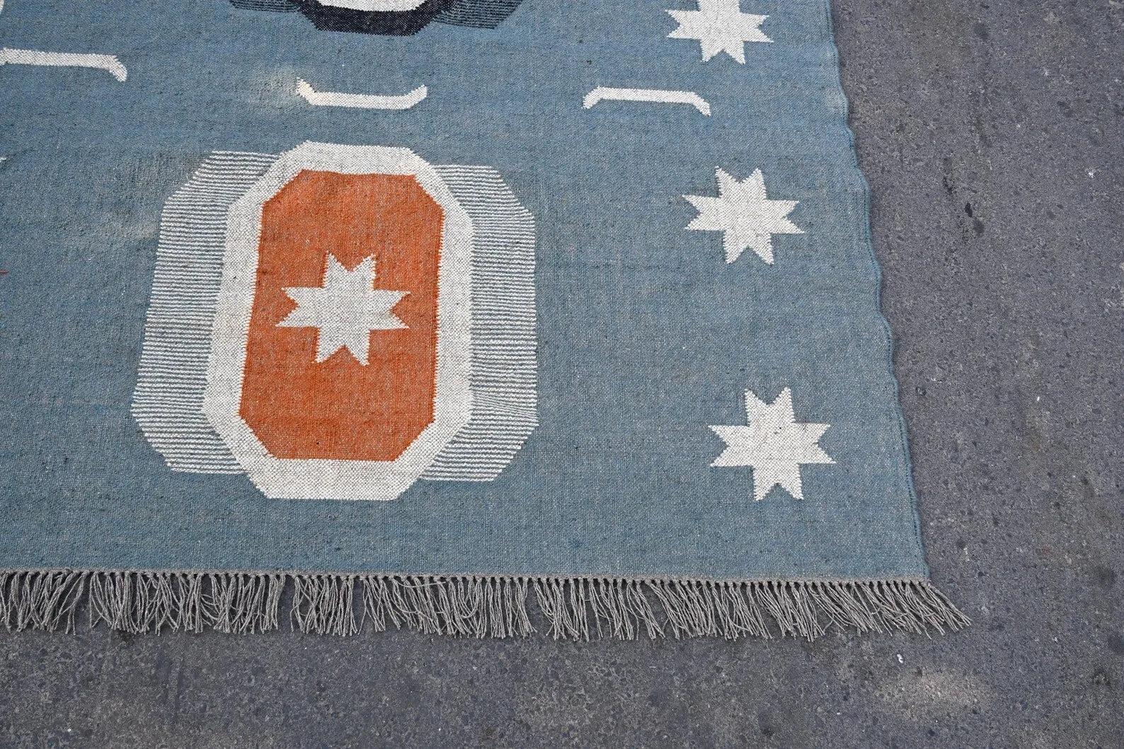 Handwoven Blue Wool Jute Kilim Rug, Southwestern Area Rug, Handmade Geometric Flatweave Carpet, Boho Farmhouse Rug, Custom Size Dhurrie Rug