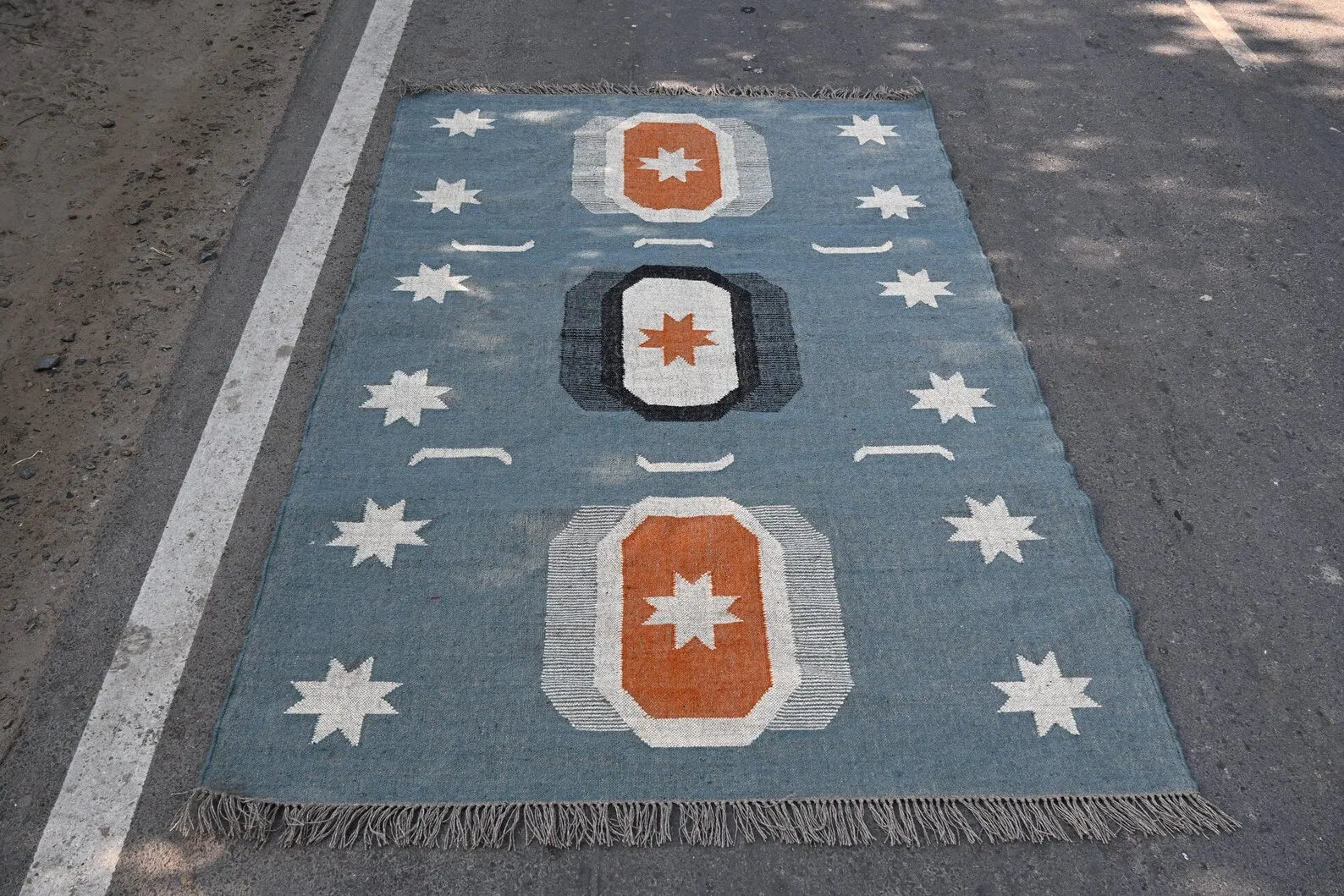 Handwoven Blue Wool Jute Kilim Rug, Southwestern Area Rug, Handmade Geometric Flatweave Carpet, Boho Farmhouse Rug, Custom Size Dhurrie Rug
