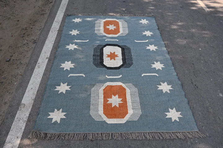Handwoven Blue Wool Jute Kilim Rug, Southwestern Area Rug, Handmade Geometric Flatweave Carpet, Boho Farmhouse Rug, Custom Size Dhurrie Rug
