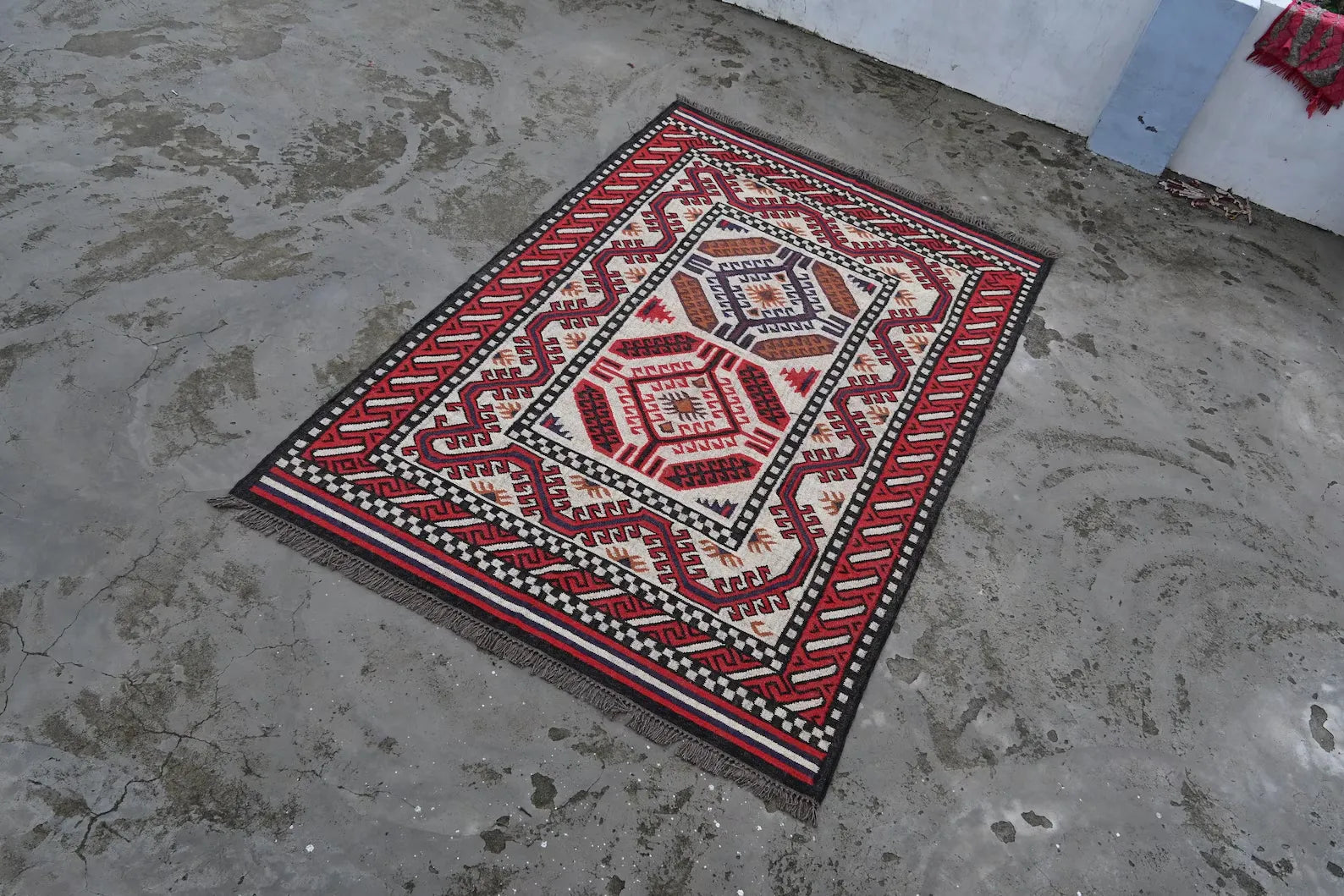 Handwoven Southwestern Wool Jute Kilim Rug – Tribal Flatweave Area Rug