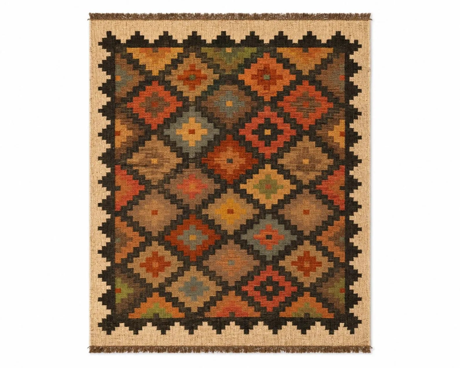 Handwoven Wool Jute Kilim Rug, Rustic Geometric Area Rug, Handmade Boho Flatweave Carpet, Southwestern Dhurrie Rug, Custom Size Farmhouse Rug