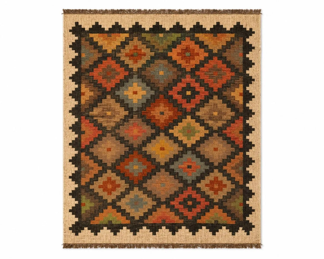 Handwoven Wool Jute Kilim Rug, Rustic Geometric Area Rug, Handmade Boho Flatweave Carpet, Southwestern Dhurrie Rug, Custom Size Farmhouse Rug