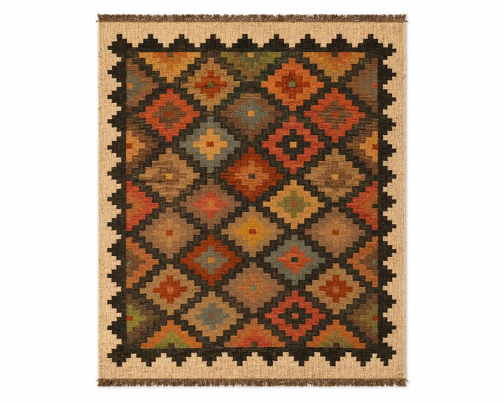 Handwoven Wool Jute Kilim Rug, Rustic Geometric Area Rug, Handmade Boho Flatweave Carpet, Southwestern Dhurrie Rug, Custom Size Farmhouse Rug