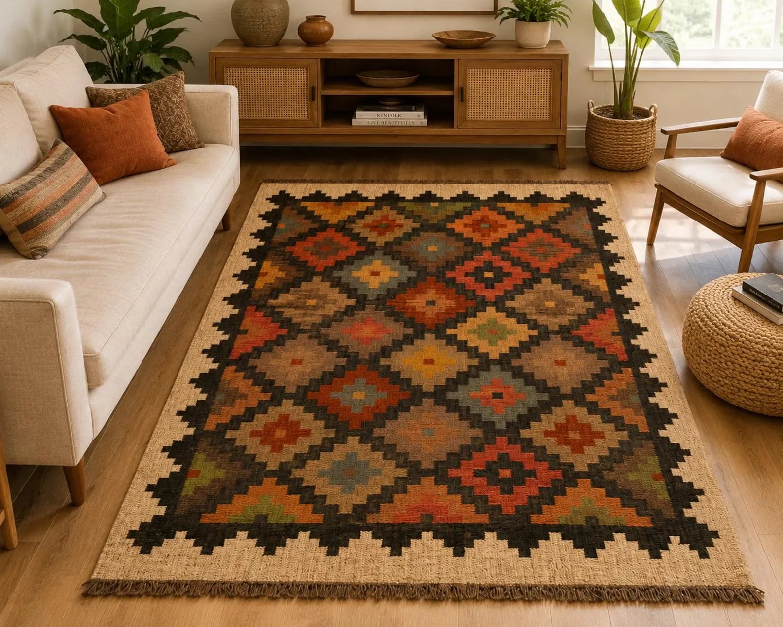 Handwoven Wool Jute Kilim Rug, Rustic Geometric Area Rug, Handmade Boho Flatweave Carpet, Southwestern Dhurrie Rug, Custom Size Farmhouse Rug