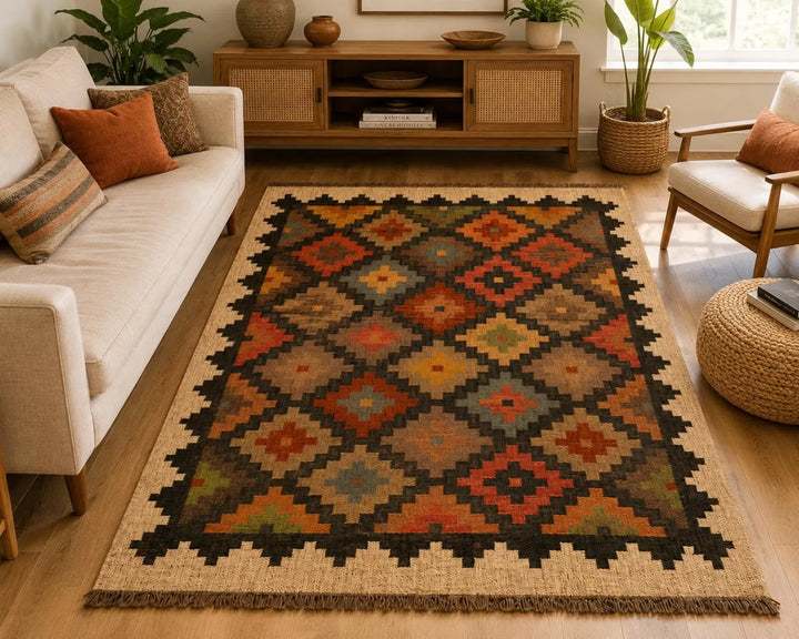 Handwoven Wool Jute Kilim Rug, Rustic Geometric Area Rug, Handmade Boho Flatweave Carpet, Southwestern Dhurrie Rug, Custom Size Farmhouse Rug