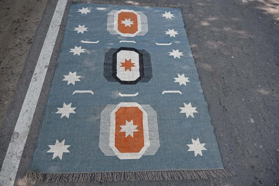 Handwoven Blue Wool Jute Kilim Rug, Southwestern Area Rug, Handmade Geometric Flatweave Carpet, Boho Farmhouse Rug, Custom Size Dhurrie Rug