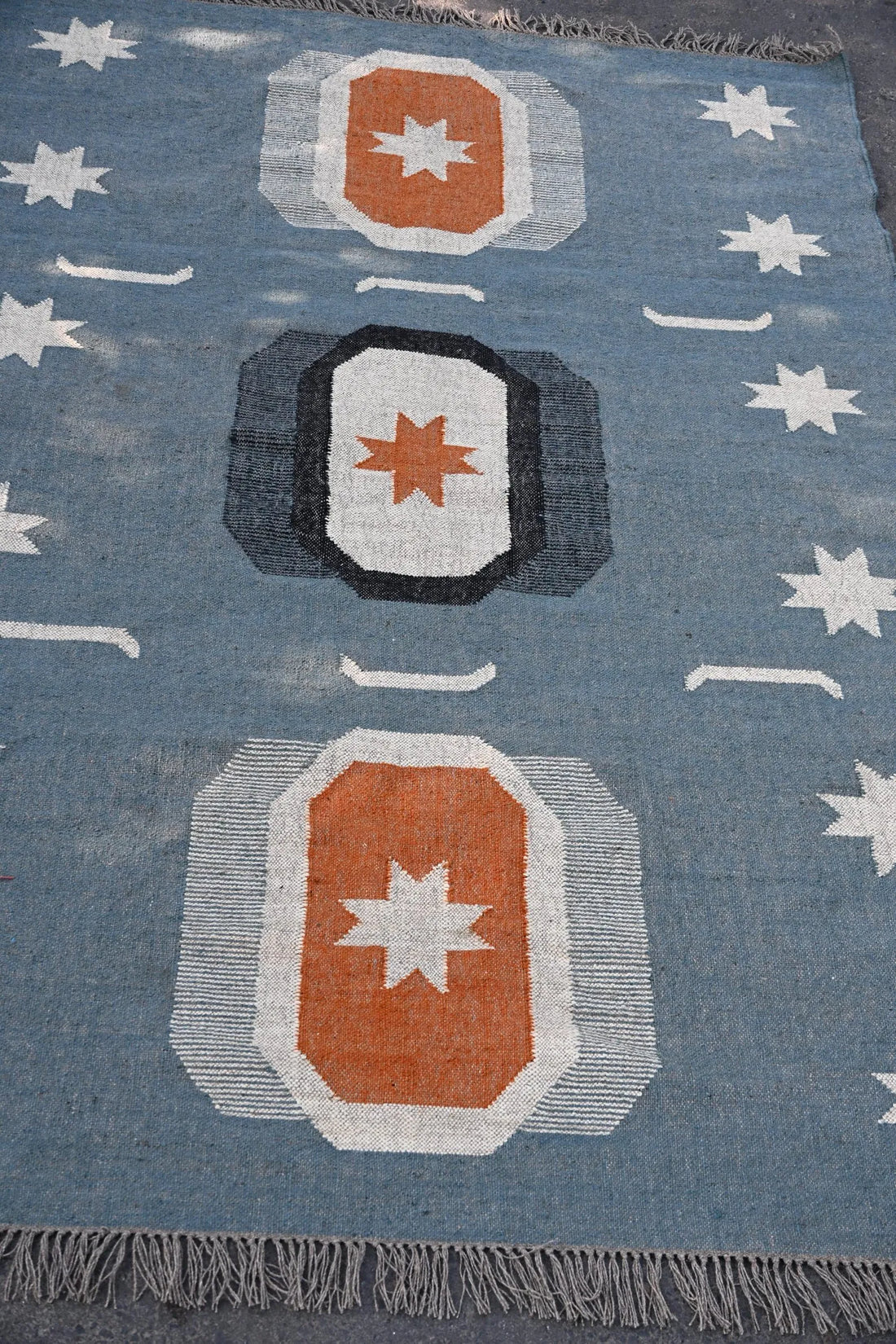 Handwoven Blue Wool Jute Kilim Rug, Southwestern Area Rug, Handmade Geometric Flatweave Carpet, Boho Farmhouse Rug, Custom Size Dhurrie Rug