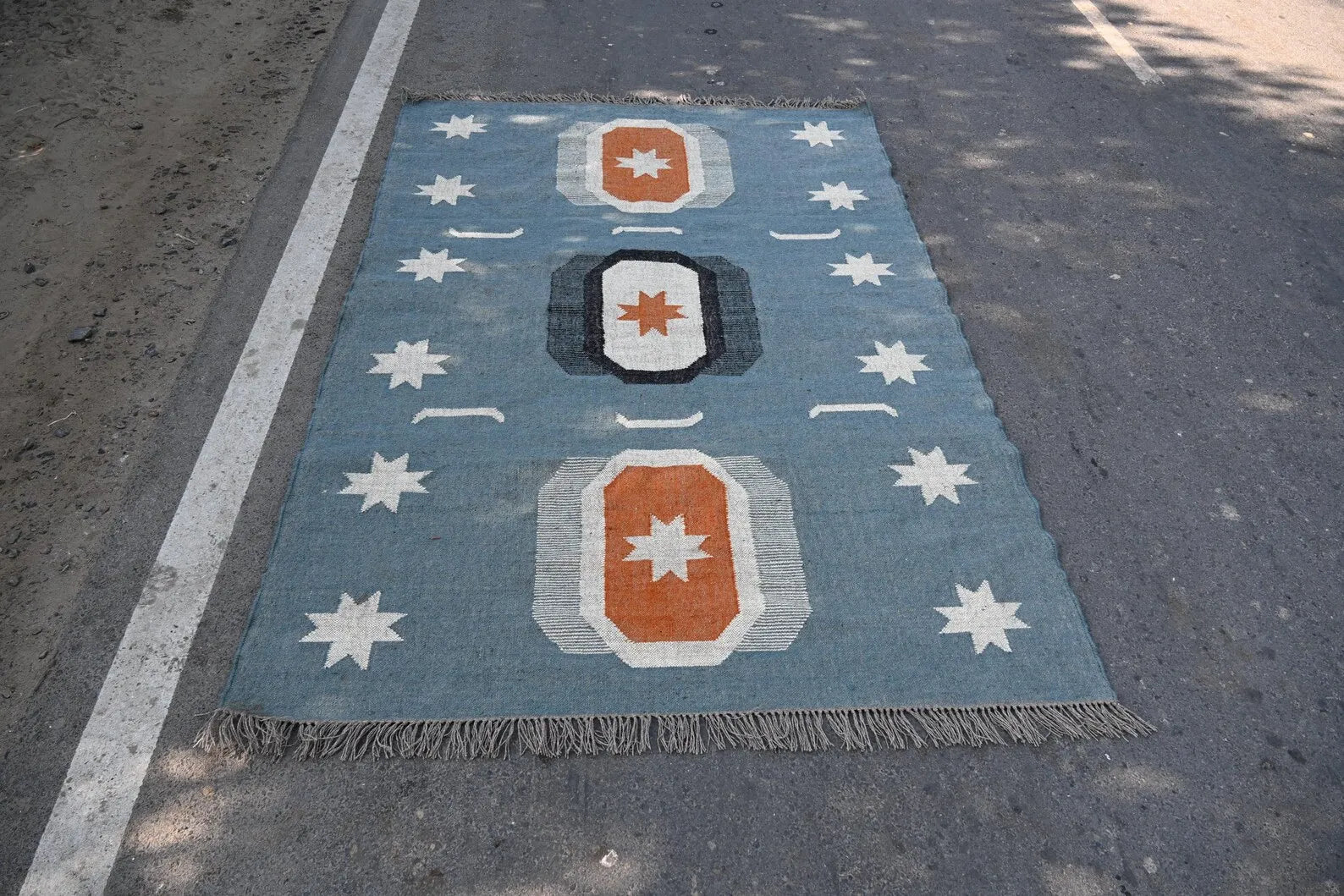 Handwoven Blue Wool Jute Kilim Rug, Southwestern Area Rug, Handmade Geometric Flatweave Carpet, Boho Farmhouse Rug, Custom Size Dhurrie Rug