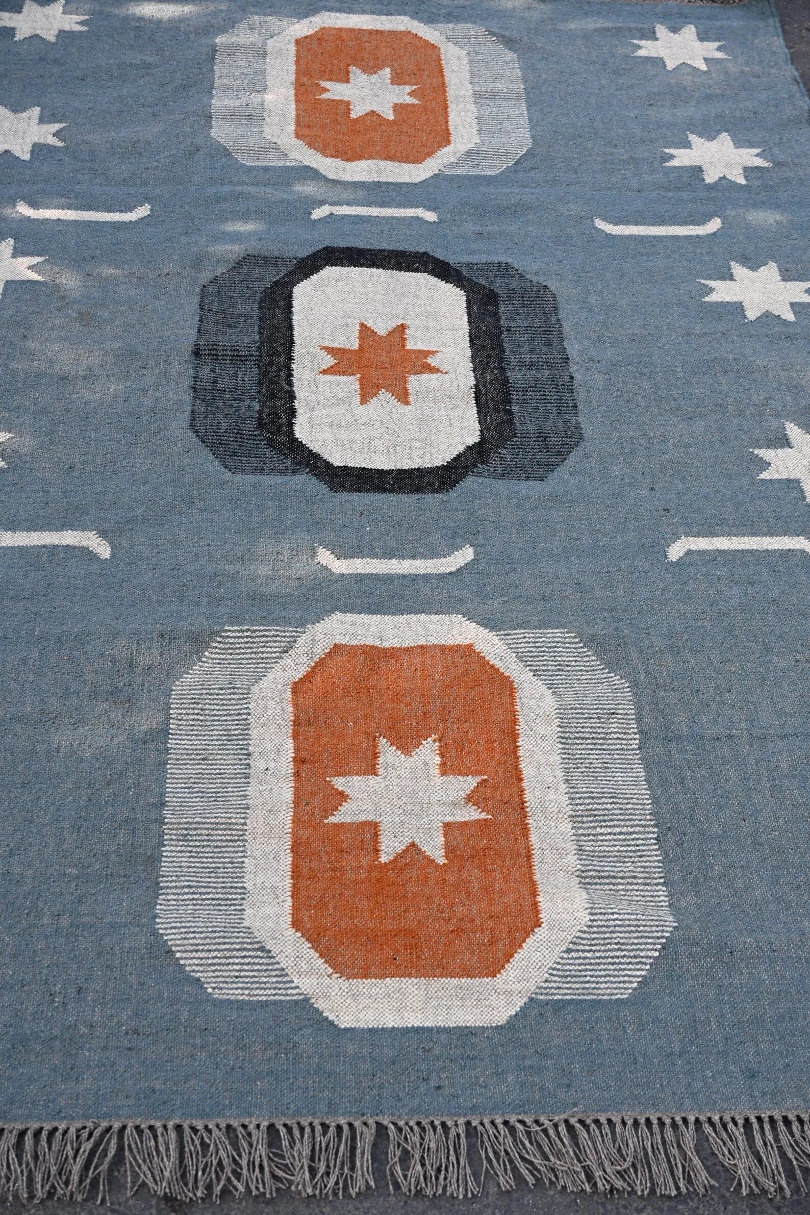 Handwoven Blue Wool Jute Kilim Rug, Southwestern Area Rug, Handmade Geometric Flatweave Carpet, Boho Farmhouse Rug, Custom Size Dhurrie Rug