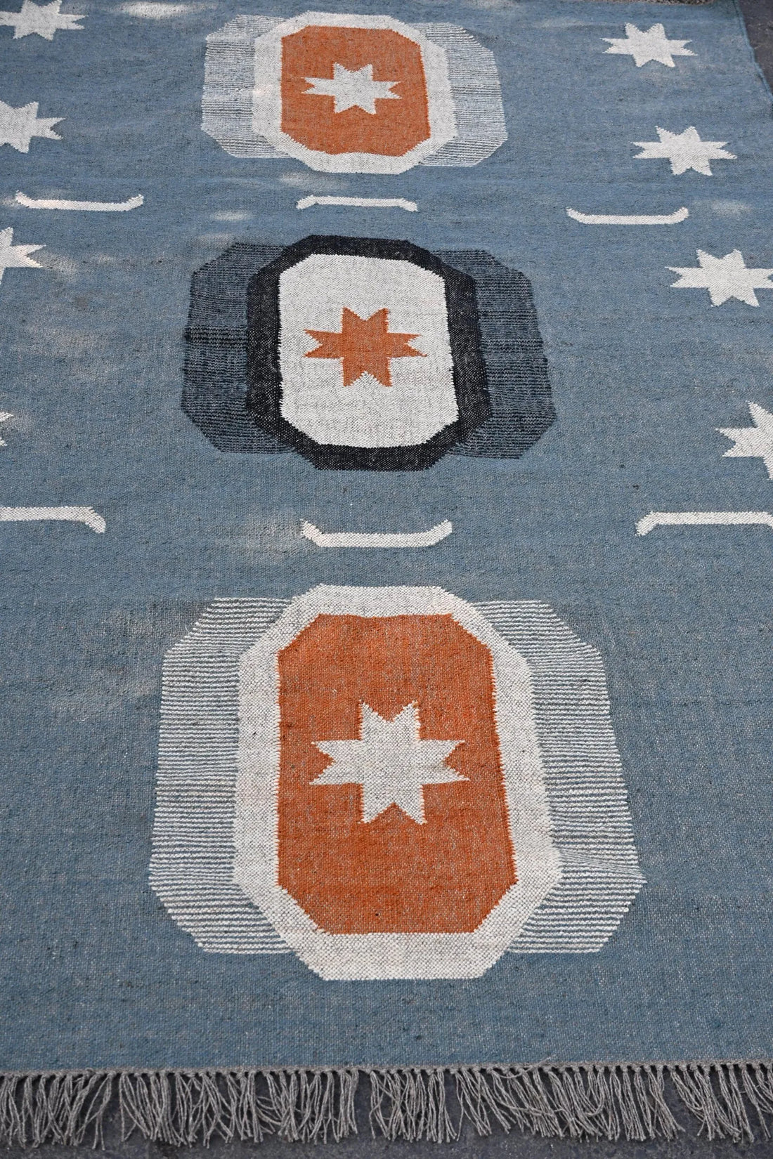 Handwoven Blue Wool Jute Kilim Rug, Southwestern Area Rug, Handmade Geometric Flatweave Carpet, Boho Farmhouse Rug, Custom Size Dhurrie Rug
