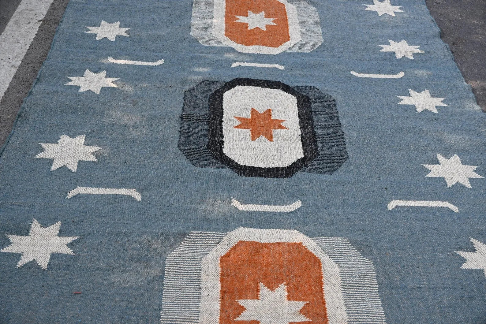 Handwoven Blue Wool Jute Kilim Rug, Southwestern Area Rug, Handmade Geometric Flatweave Carpet, Boho Farmhouse Rug, Custom Size Dhurrie Rug