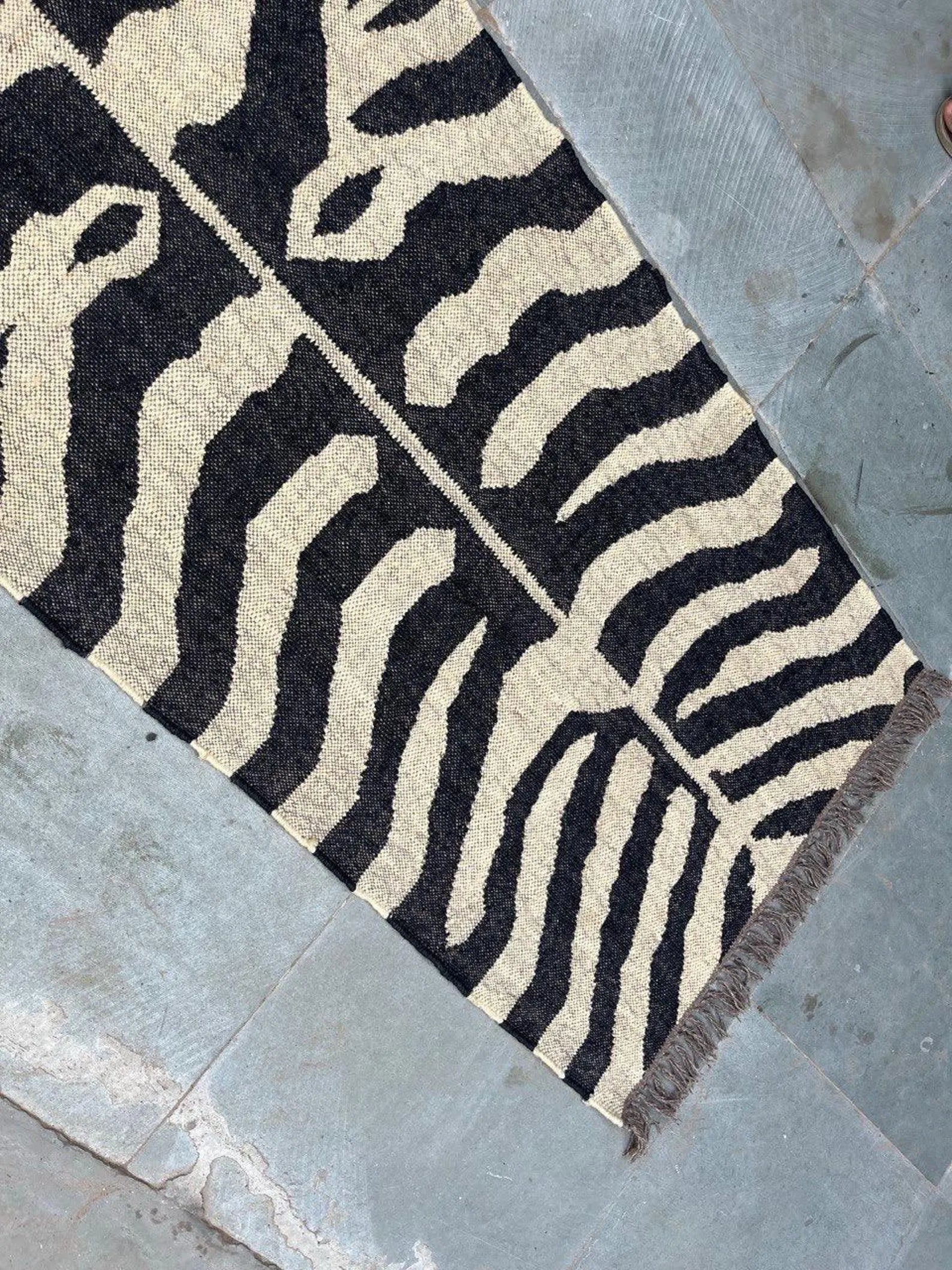 Handwoven Zebra Wool Jute Runner Rug, Organic Stripe Kilim Rug, Boho Hallway Rug, Custom Size Area Rug