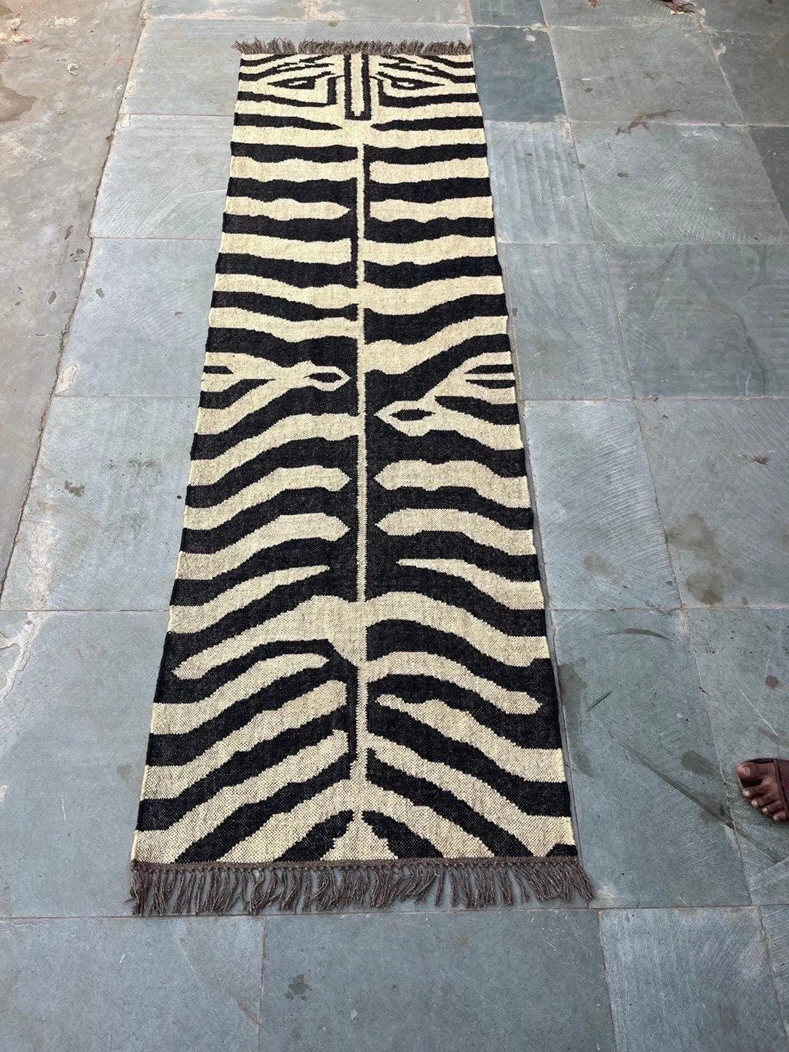Handwoven Zebra Wool Jute Runner Rug, Organic Stripe Kilim Rug, Boho Hallway Rug, Custom Size Area Rug