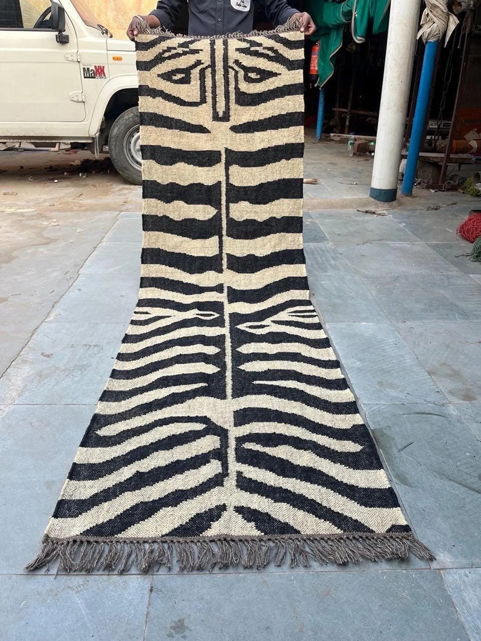 Handwoven Zebra Wool Jute Runner Rug, Organic Stripe Kilim Rug, Boho Hallway Rug, Custom Size Area Rug