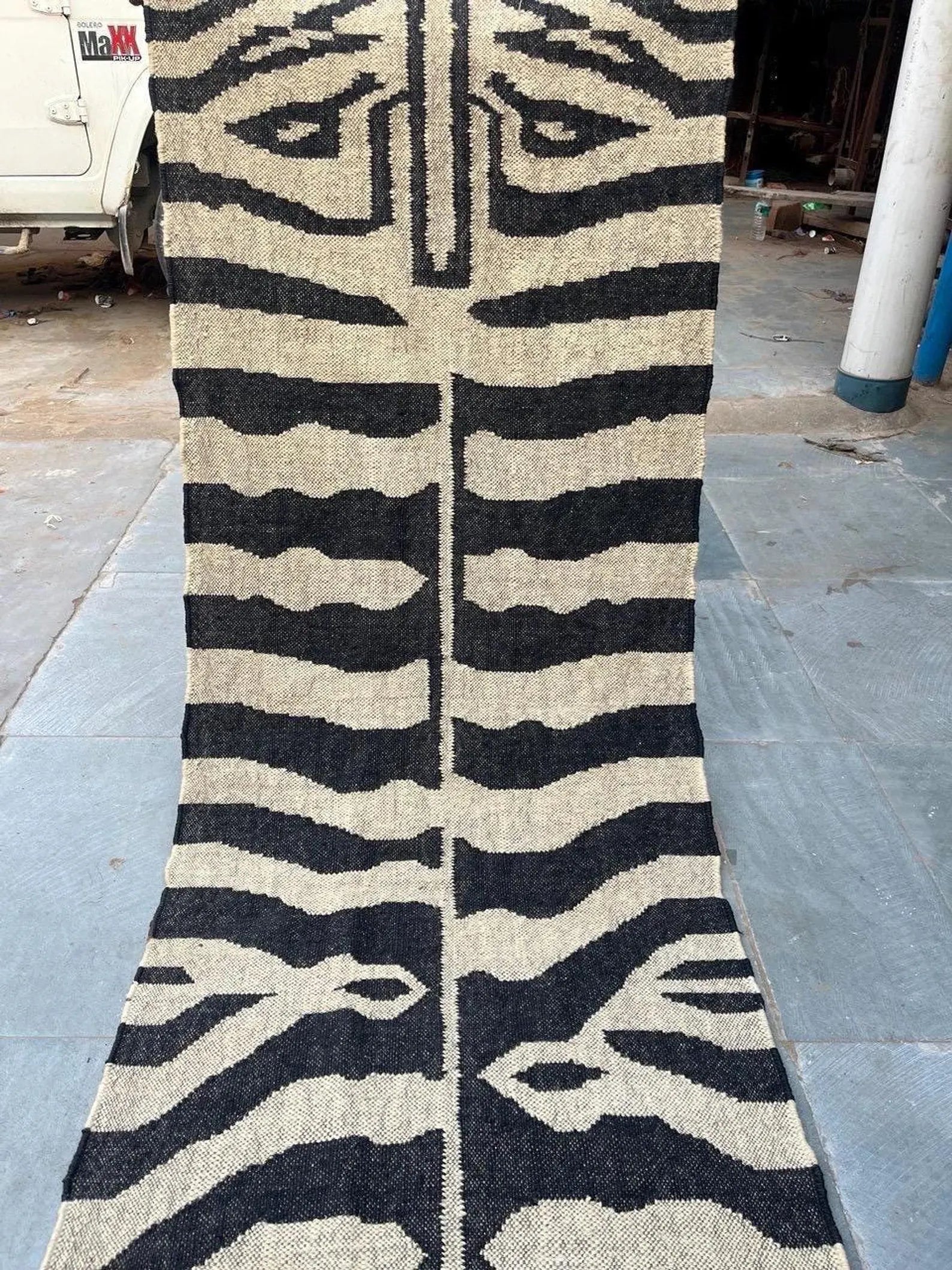 Handwoven Zebra Wool Jute Runner Rug, Organic Stripe Kilim Rug, Boho Hallway Rug, Custom Size Area Rug