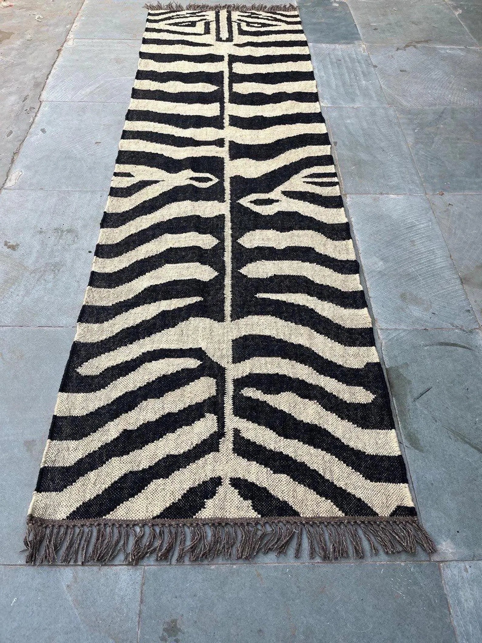 Handwoven Zebra Wool Jute Runner Rug, Organic Stripe Kilim Rug, Boho Hallway Rug, Custom Size Area Rug