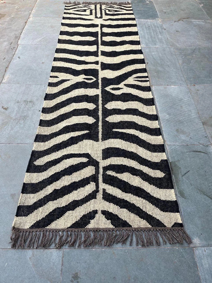 Handwoven Zebra Wool Jute Runner Rug, Organic Stripe Kilim Rug, Boho Hallway Rug, Custom Size Area Rug