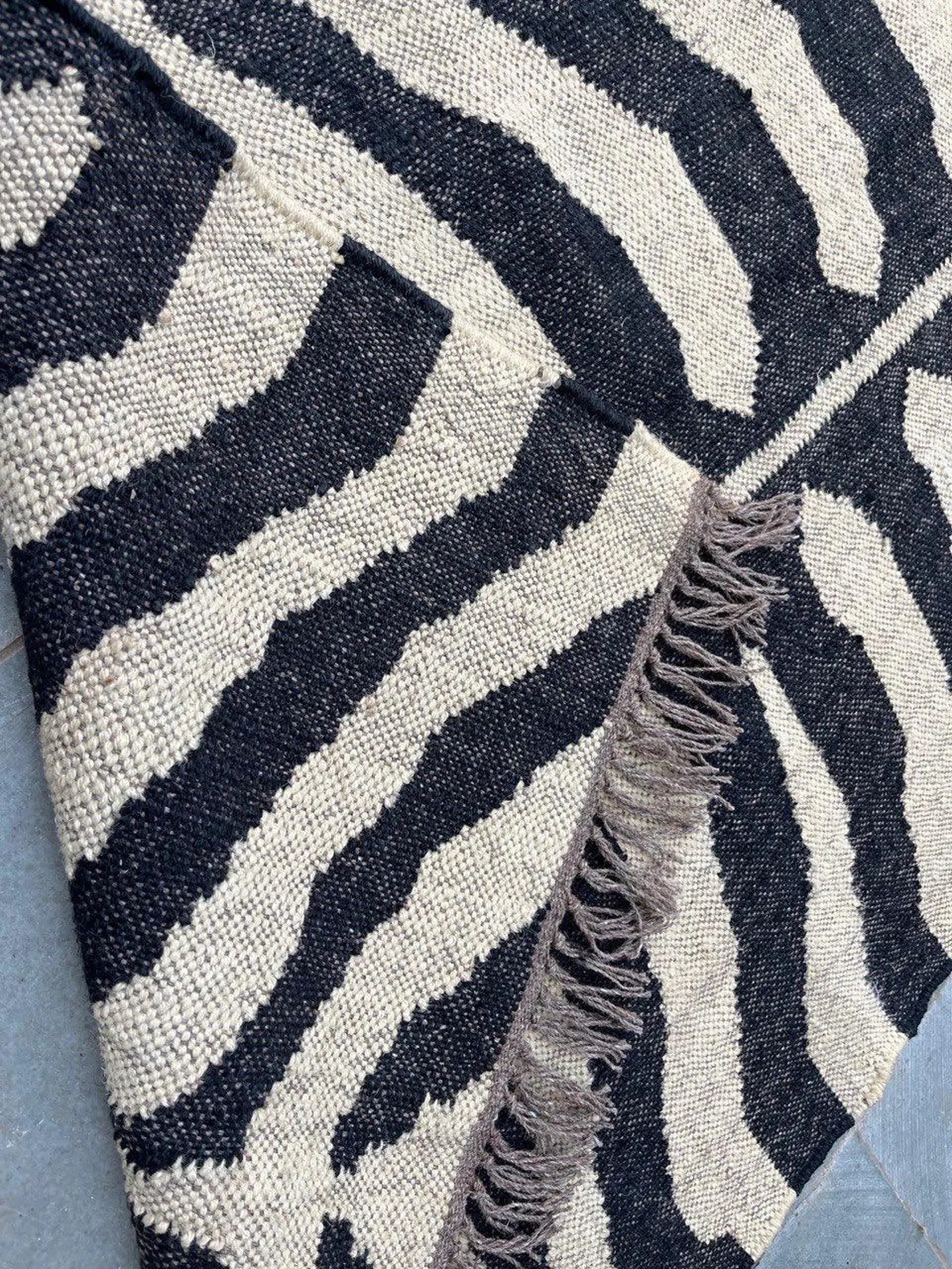 Handwoven Zebra Wool Jute Runner Rug, Organic Stripe Kilim Rug, Boho Hallway Rug, Custom Size Area Rug