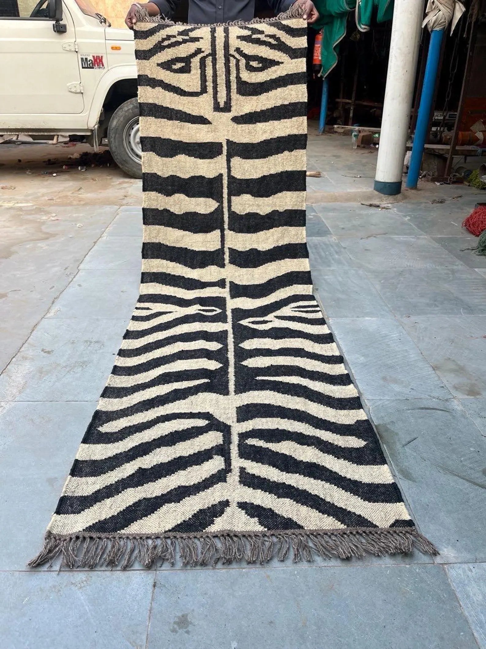 Handwoven Zebra Wool Jute Runner Rug, Organic Stripe Kilim Rug, Boho Hallway Rug, Custom Size Area Rug
