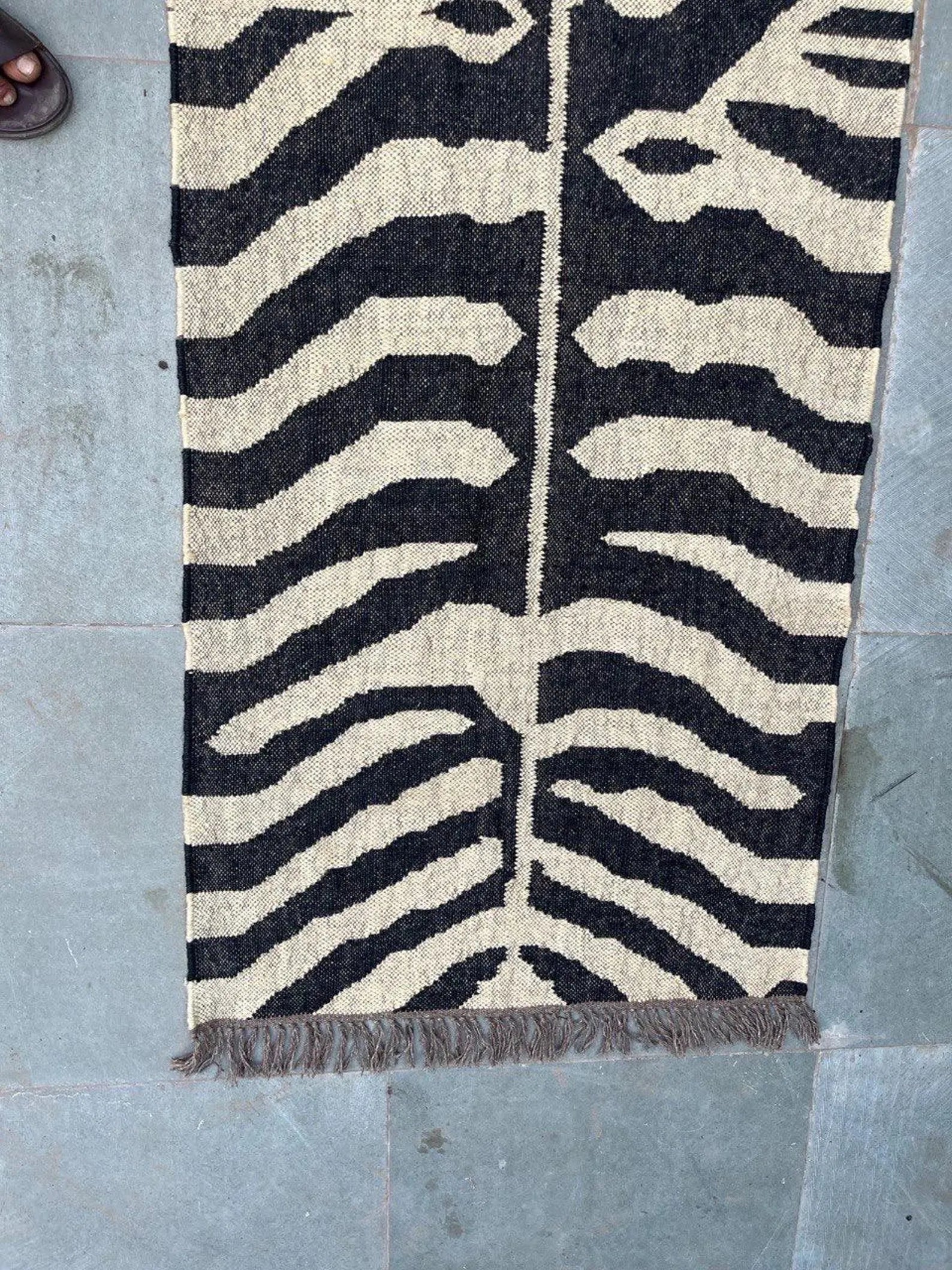 Handwoven Zebra Wool Jute Runner Rug, Organic Stripe Kilim Rug, Boho Hallway Rug, Custom Size Area Rug