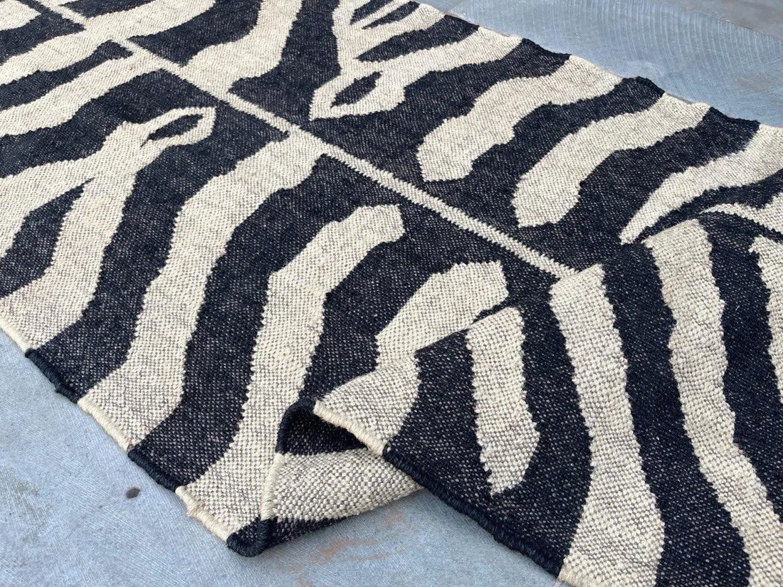 Handwoven Zebra Wool Jute Runner Rug, Organic Stripe Kilim Rug, Boho Hallway Rug, Custom Size Area Rug