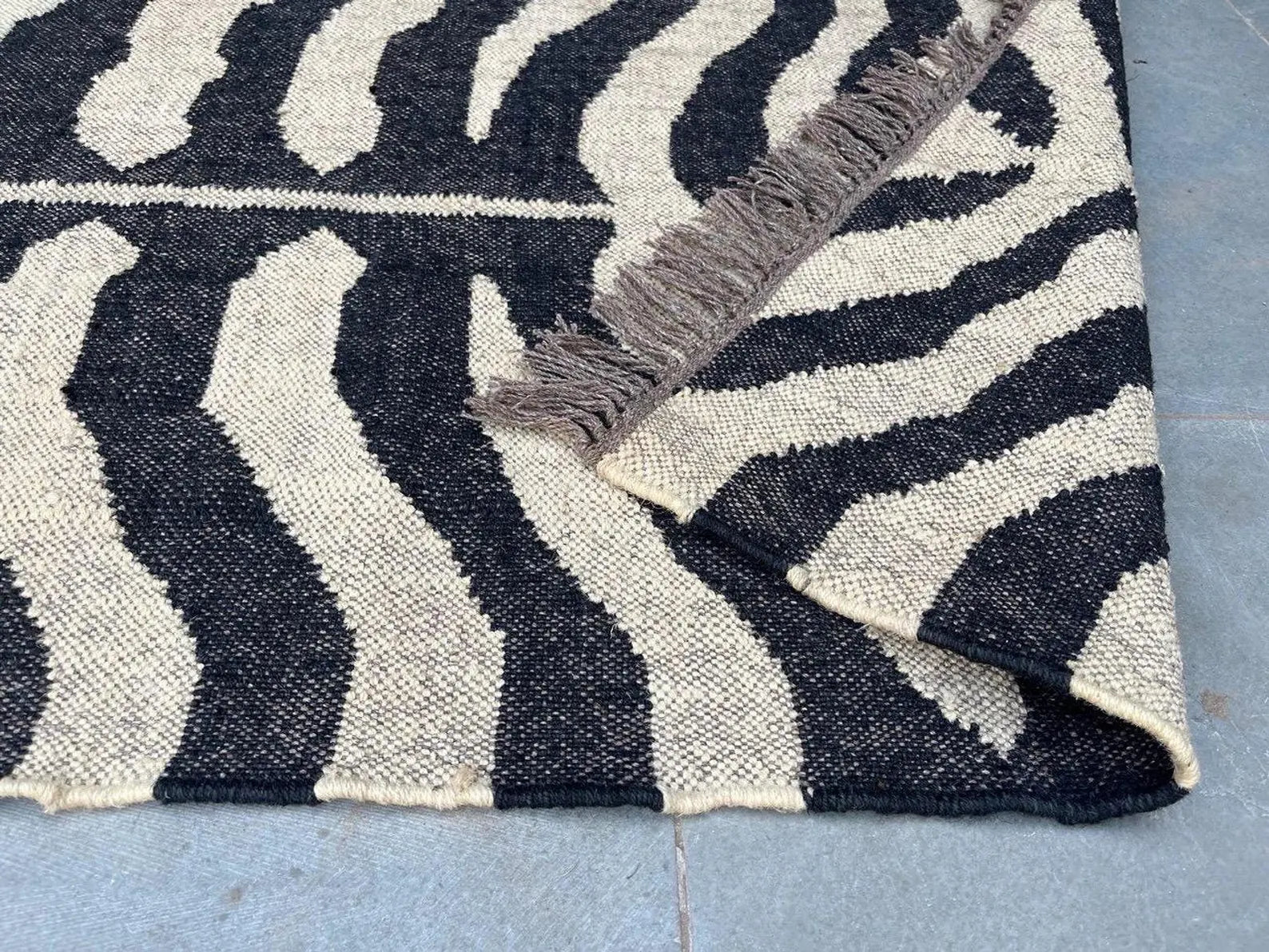 Handwoven Zebra Wool Jute Runner Rug, Organic Stripe Kilim Rug, Boho Hallway Rug, Custom Size Area Rug