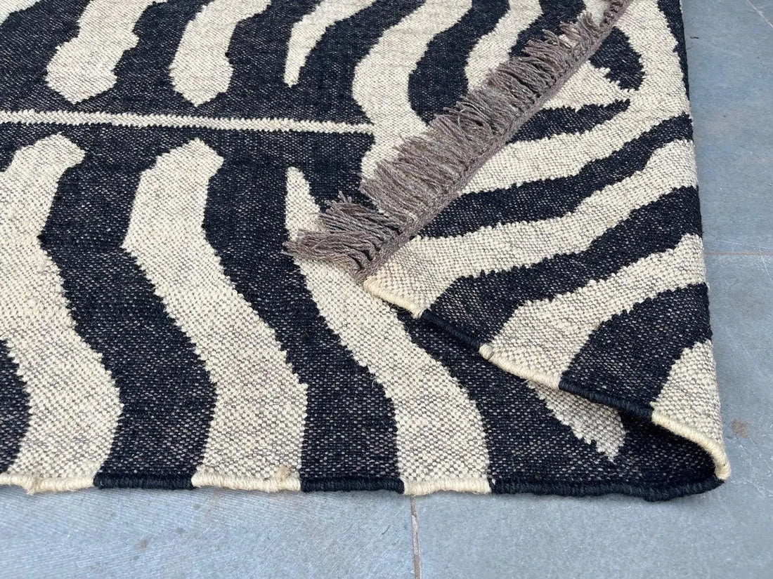 Handwoven Zebra Wool Jute Runner Rug, Organic Stripe Kilim Rug, Boho Hallway Rug, Custom Size Area Rug