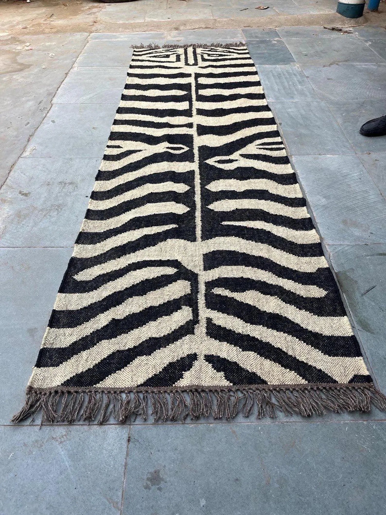 Handwoven Zebra Wool Jute Runner Rug, Organic Stripe Kilim Rug, Boho Hallway Rug, Custom Size Area Rug