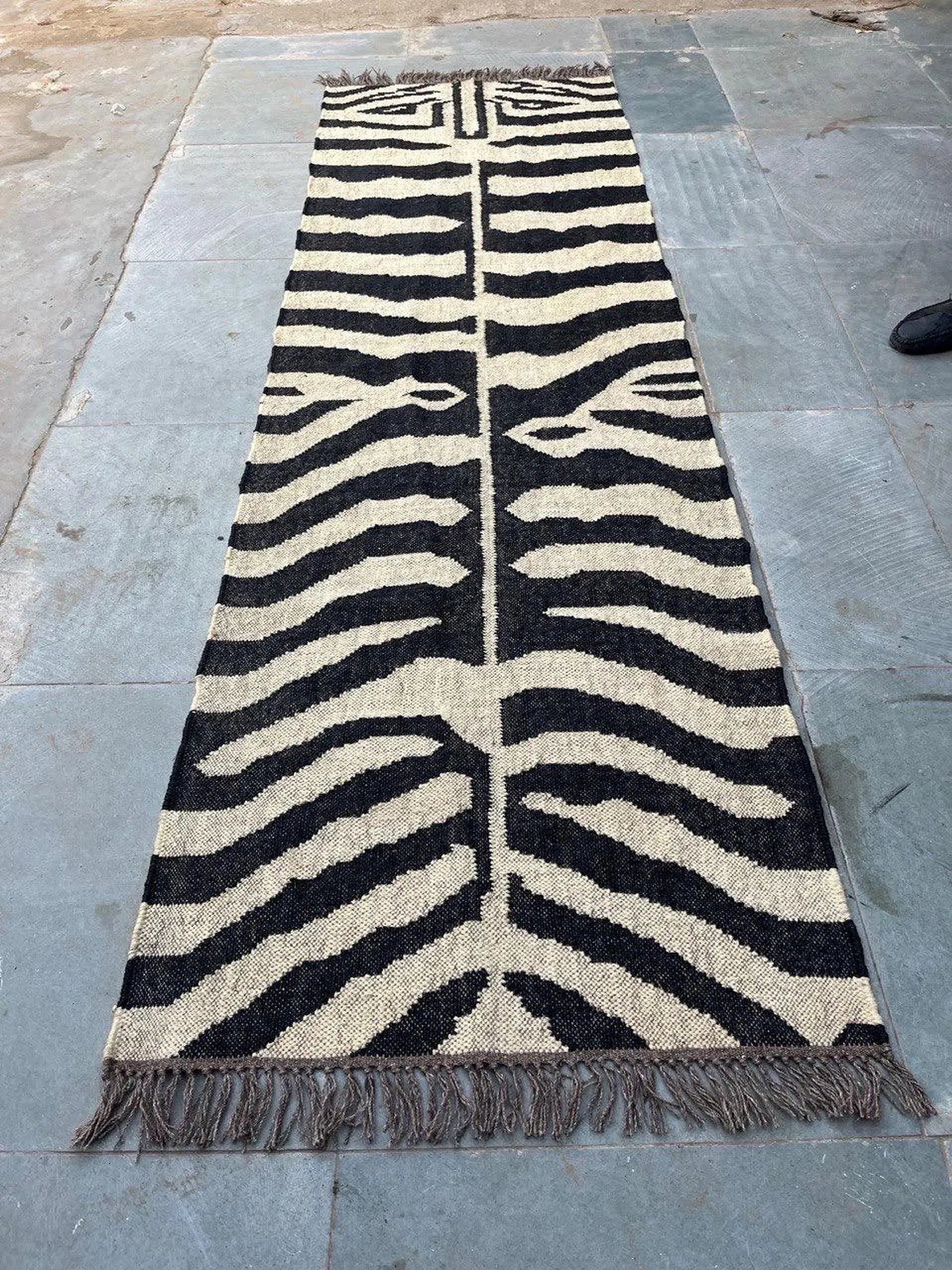 Handwoven Zebra Wool Jute Runner Rug, Organic Stripe Kilim Rug, Boho Hallway Rug, Custom Size Area Rug