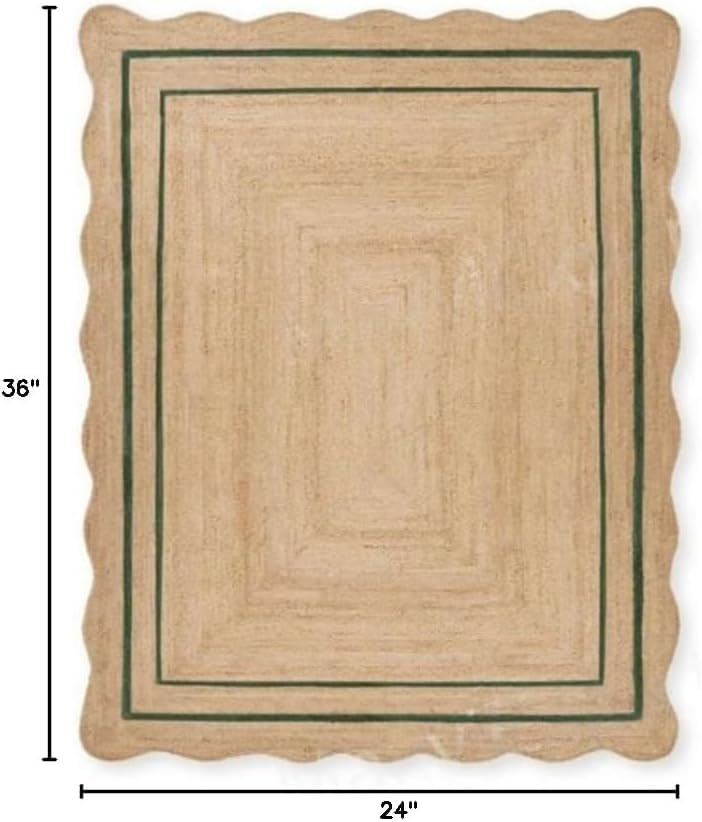 Natural Jute Area Rug with Scalloped Edges & Double Border – Handwoven Rug