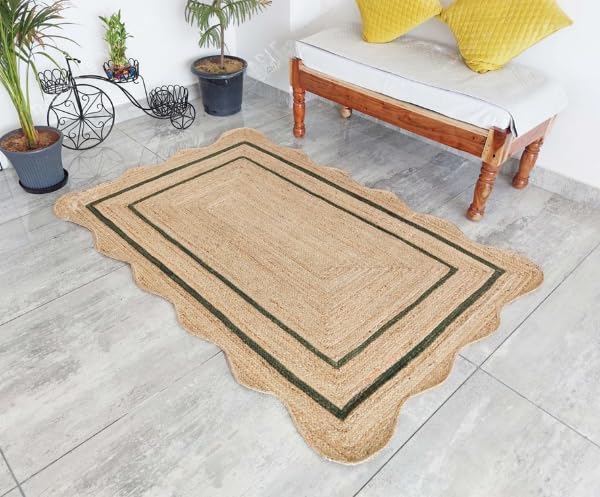 Natural Jute Area Rug with Scalloped Edges & Double Border – Handwoven Rug