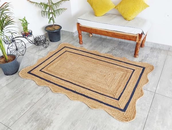 Natural Jute Area Rug with Scalloped Edges & Double Border – Handwoven Rug