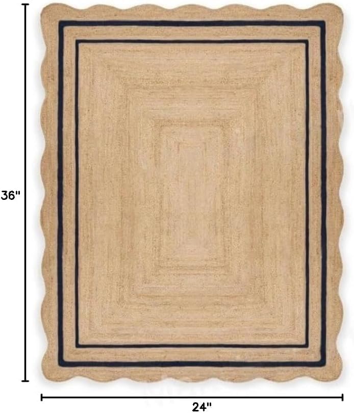 Natural Jute Area Rug with Scalloped Edges & Double Border – Handwoven Rug