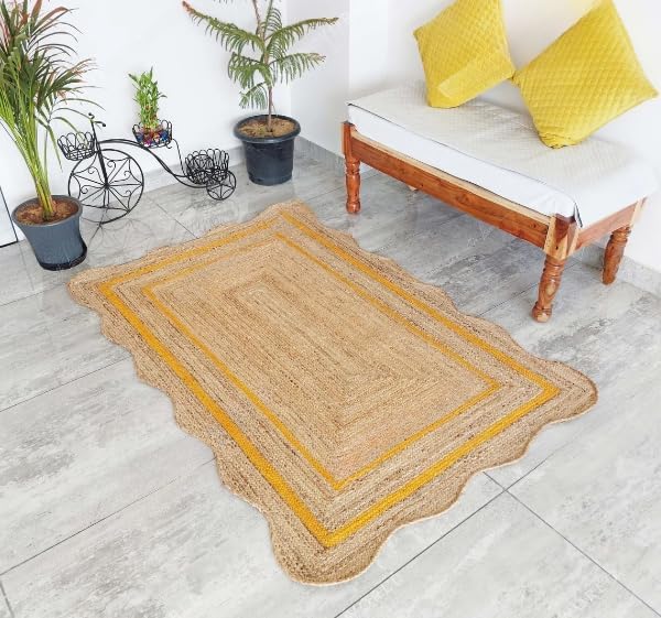 Natural Jute Area Rug with Scalloped Edges & Double Border – Handwoven Rug